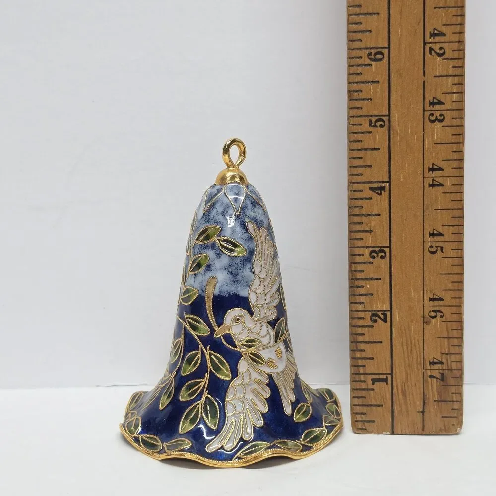Vintage Cloisonne Large Blue Bell White Dove Of Peace Ornament Traditional Asian